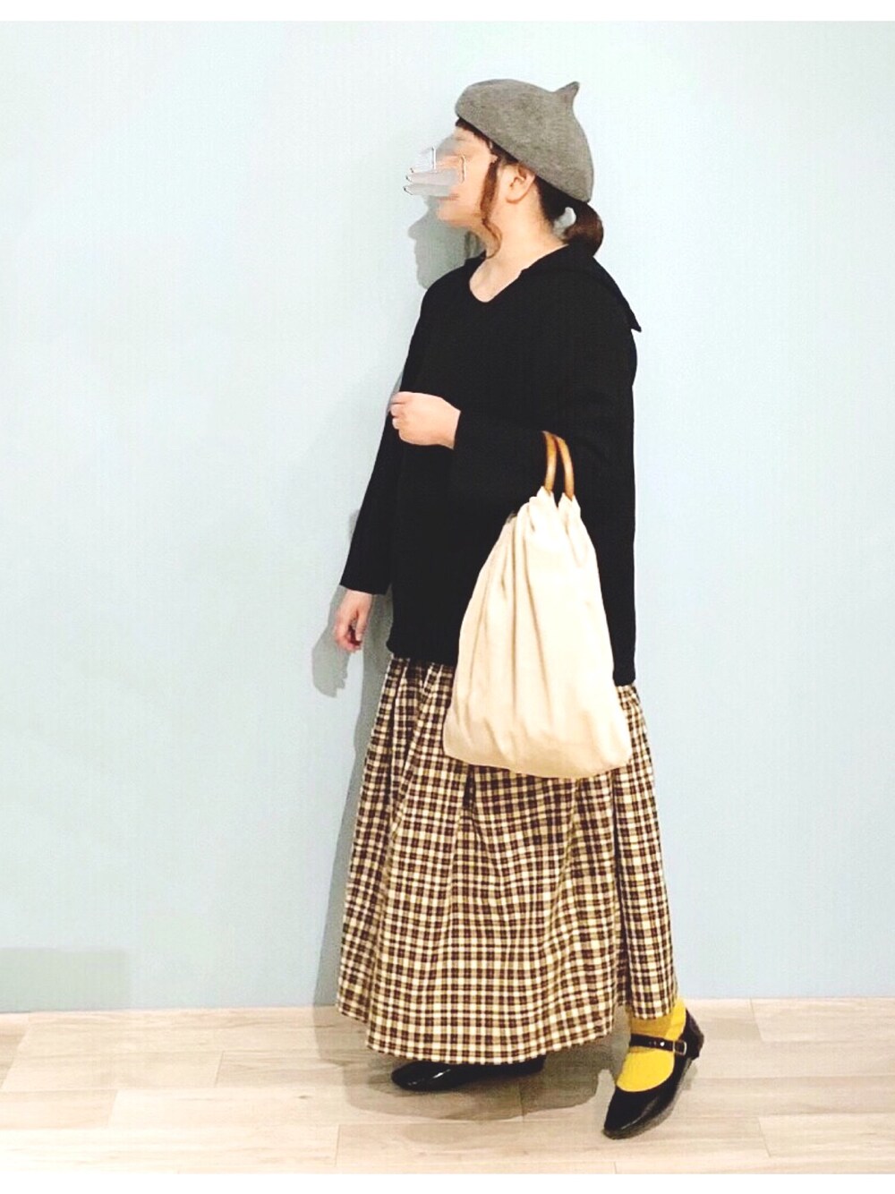 「大人カジュアル、ナチュラルコーデ、ナチュラルカジュアル、sunnyclouds、prit、シャンブル、ナチュラルスタイル、ベレー帽」｜「Sunny cloudsのサニークラウズ　ヒョウチェックスカート〈レディース〉（スカート、ブラウン系）」を使った、ぴーたさん（レディース・155cm）の冬コーディネートの1枚目の写真