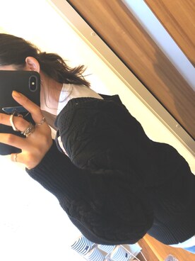 「CITYSHOP（シティーショップ）のキーネックアランニット◆（ニット/セーター、ブラック系）」を使った、yuuさん（レディース・169cm）の秋コーディネート