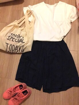 「TODAY'S SPECIAL（トゥデイズスペシャル）のMARCHE BAG/マルシェバッグ（エコバッグ/サブバッグ）」を使った、まつりさん（レディース・152cm）の夏コーディネート