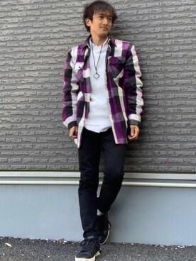 パープル系のアイテムを使った チェックシャツ の人気ファッションコーディネート Wear