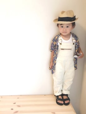 「ストローハット」｜「アイテム（サロペット/オーバーオール）」を使った、kyomomoさん（キッズ・90cm）の夏コーディネート