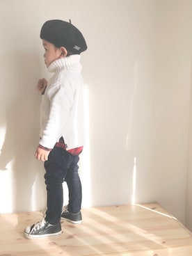 「赤チェック」｜「アイテム（ハンチング/ベレー帽）」を使った、kyomomoさん（キッズ・90cm）の秋コーディネート