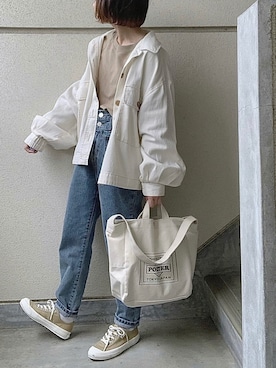 「テーパードデニム」｜「アイテム（ブルゾン）」を使った、あやたさん（レディース・152cm）の春コーディネート