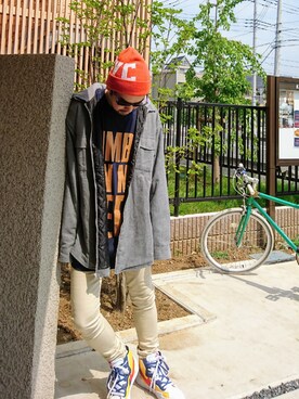 「ビッグシャツ」｜「アイテム（ニットキャップ/ビーニー）」を使った、あきーむさん（メンズ・175cm）の夏コーディネート