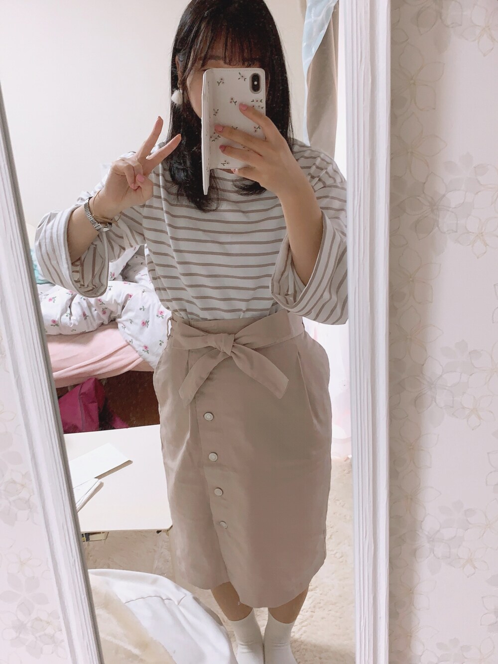 「はるコーデ」｜「OLIVE des OLIVEのアイテム（スカート、ピンク系）」を使った、まふさん（レディース・158cm）の春コーディネートの1枚目の写真