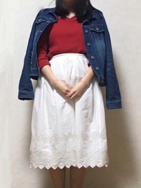 「マリンコーデ」｜「アイテム（デニムジャケット）」を使った、まりんさん（レディース・151cm）の春コーディネート