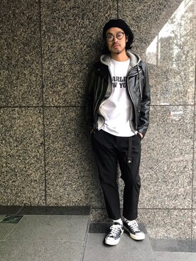 「ナイロンパンツ」｜「アイテム（ライダースジャケット）」を使った、ishizawaさん（メンズ・172cm）の春コーディネート