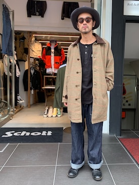 「schott（ショット）のアイテム（ステンカラーコート）」を使った、ishizawaさん（メンズ・172cm）の秋コーディネート