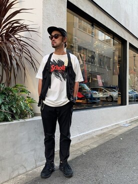 「schott（ショット）のSchott/ショット/SCRIBBLE T-SHIRT（Tシャツ/カットソー）」を使った、ishizawaさん（メンズ・172cm）の夏コーディネート