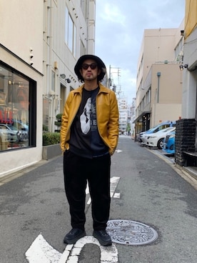 「マスタード」｜「アイテム（ライダースジャケット）」を使った、ishizawaさん（メンズ・172cm）の冬コーディネート