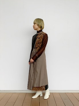 「UNITED TOKYO（ユナイテッドトウキョウ）のカルテットジャガードワンピース（ワンピース、その他）」を使った、Yukiko Fukudaさん（レディース・155cm）の春コーディネート