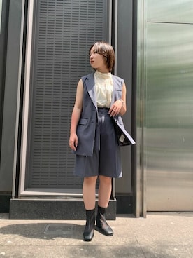 「UNITED TOKYO（ユナイテッドトウキョウ）のドライトロハーフパンツ（その他パンツ、ブルー系）」を使った、Yukiko Fukudaさん（レディース・155cm）の夏コーディネート