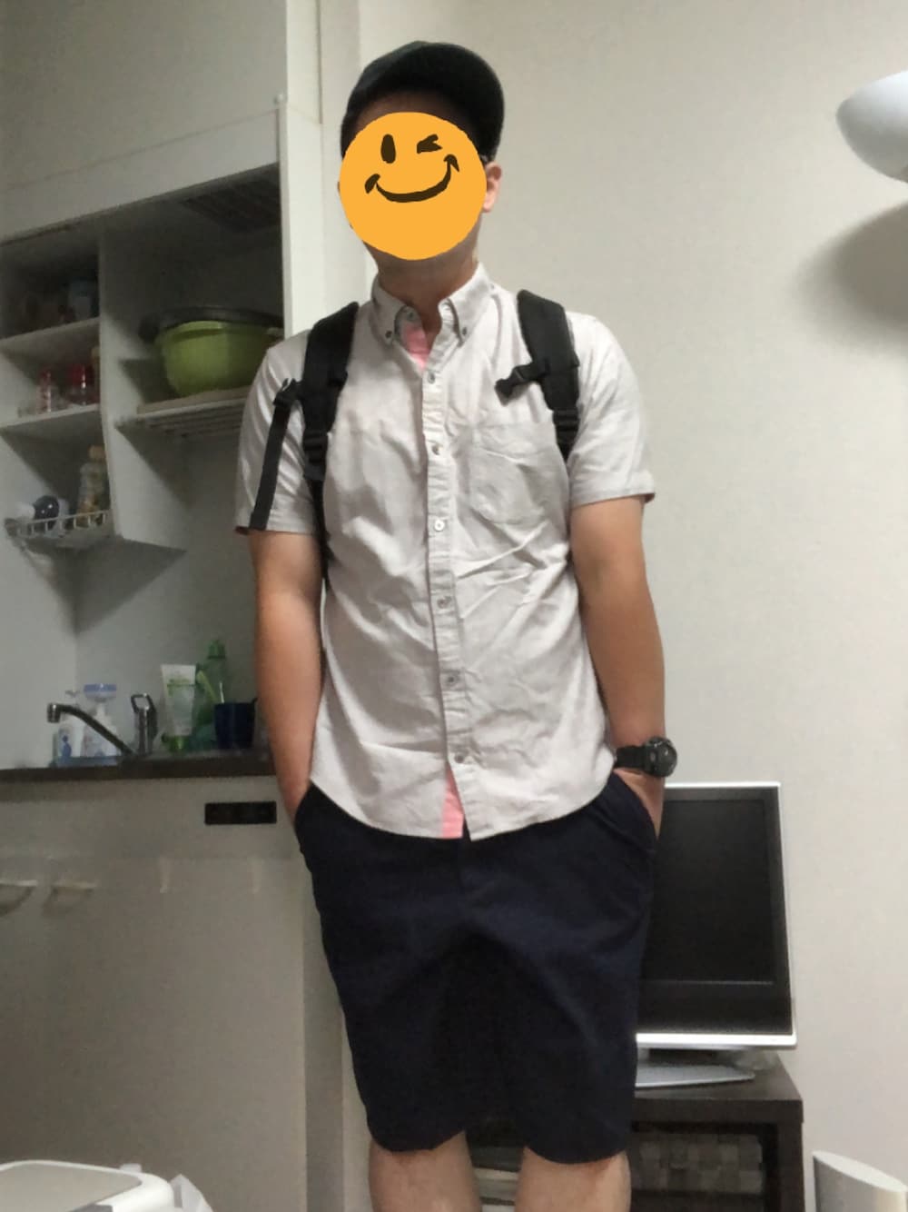 「夏、ぽっちゃり、グレー、キャップ、ハーフパンツ」｜「BEAMSのアイテム（シャツ/ブラウス、グレー系）」を使った、hitujimypace3さん（メンズ・169cm）の夏コーディネートの1枚目の写真