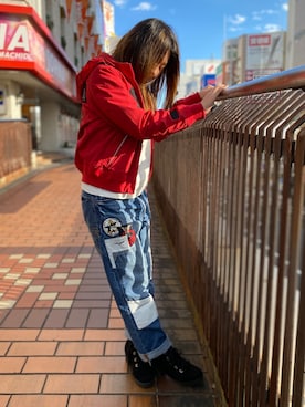 「アイテム（ミリタリージャケット、レッド系）」を使った、chiiさん（レディース・160cm）の冬コーディネート