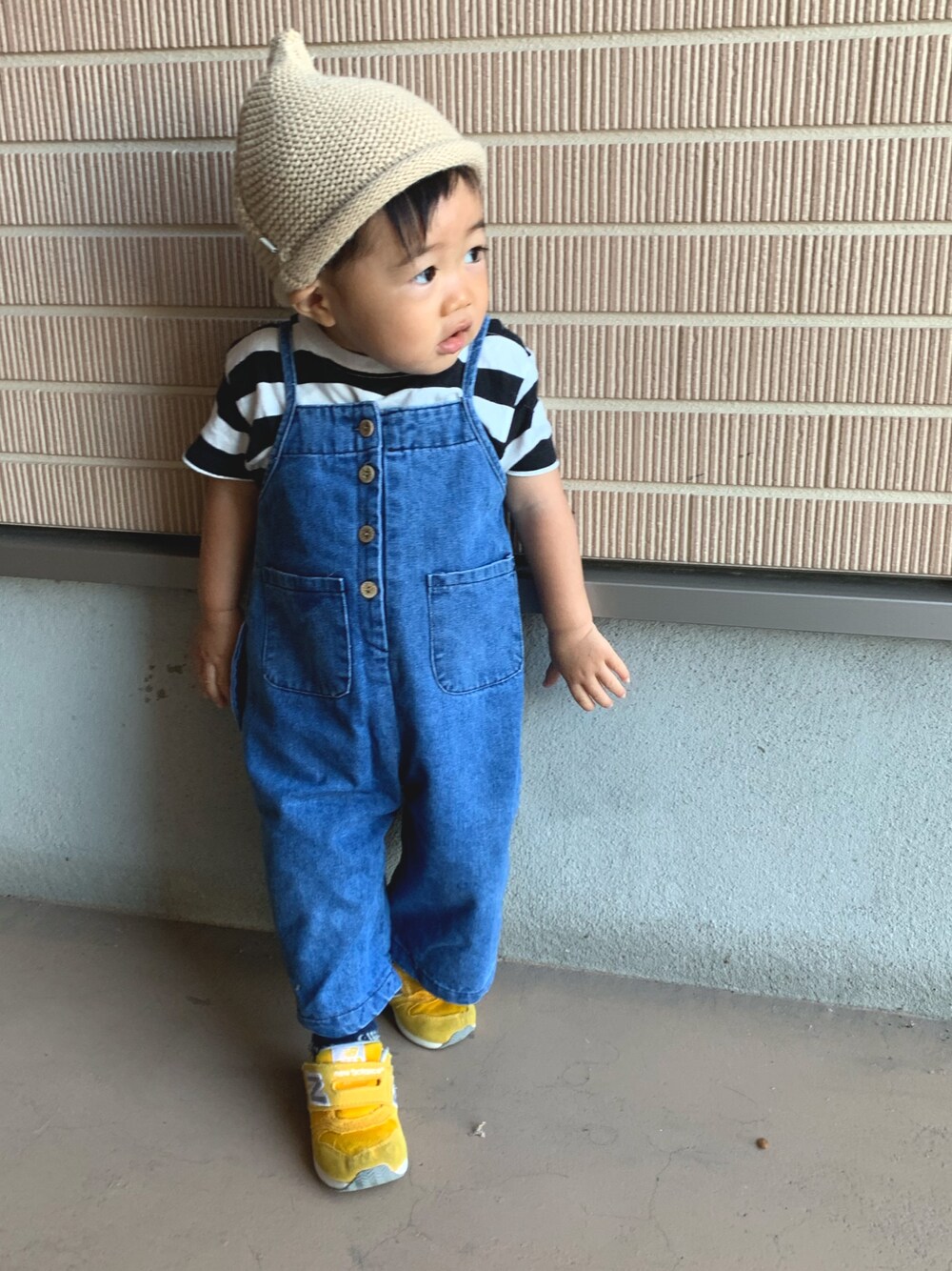 「息子コーデ、1歳、1歳半、キッズコーデ、キッズファッション、どんぐり帽、カジュアルコーデ、おしゃれさんと繋がりたい」｜「韓国ファッション #Kのアイテム（サロペット/オーバーオール、ブルー系）」を使った、KIRA☆REIさん（キッズ・80cm）の秋コーディネートの1枚目の写真