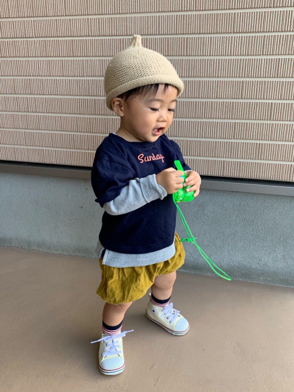 「息子コーデ、おしゃれさんと繋がりたい、1歳、1歳半、カジュアルコーデ」｜「Samansa Mos2のアイテム（Tシャツ/カットソー、ブルー系）」を使った、KIRA☆REIさん（キッズ・80cm）の秋コーディネートの1枚目の写真