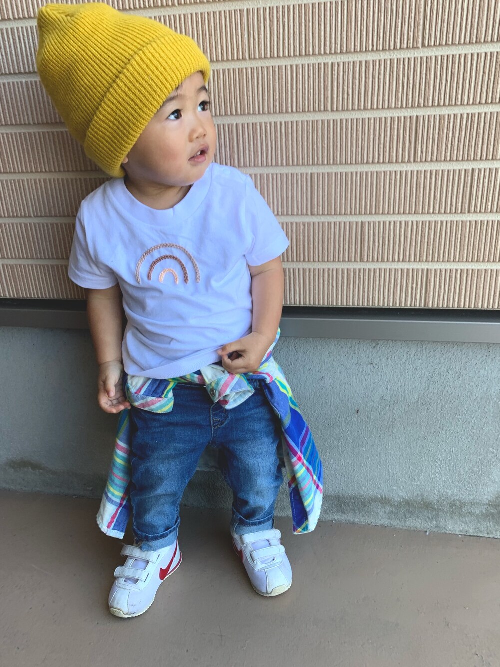 「息子、息子コーデ、キッズコーデ、キッズファッション、1歳、1歳半、おしゃれさんと繋がりたい、カジュアル、カジュアルコーデ」｜「Handmadeのアイテム（Tシャツ/カットソー、ホワイト系）」を使った、KIRA☆REIさん（キッズ・80cm）の秋コーディネートの1枚目の写真