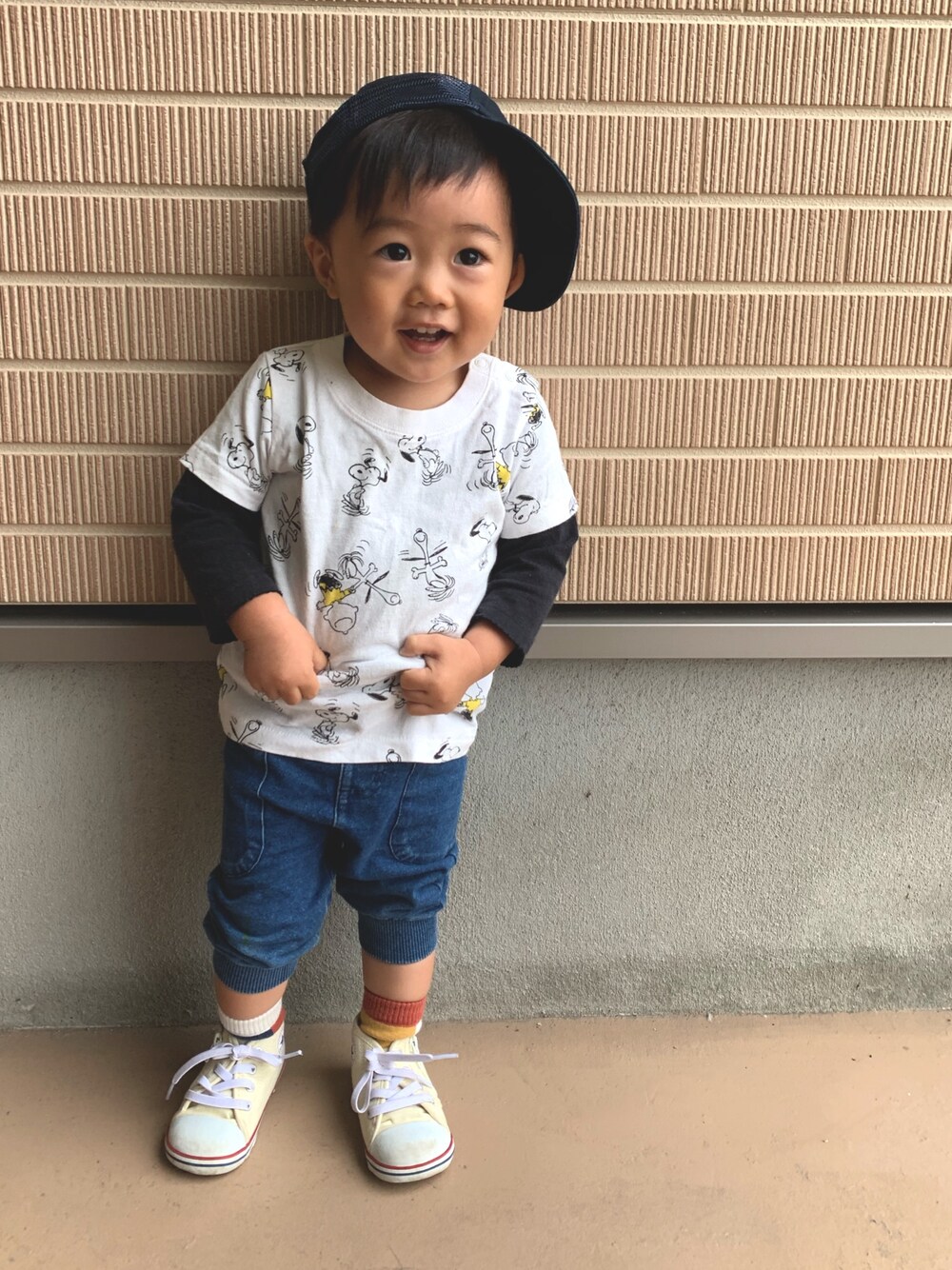 「カジュアル、カジュアルコーデ、息子コーデ、息子、1歳、1歳半、おしゃれさんと繋がりたい、キッズコーデ、キッズファッション」｜「BEAMSのアイテム（Tシャツ/カットソー、ホワイト系）」を使った、KIRA☆REIさん（キッズ・80cm）の秋コーディネートの1枚目の写真
