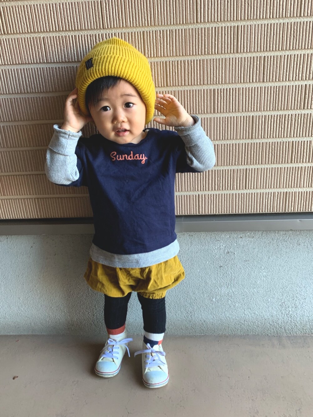 「カジュアルコーデ、息子、息子コーデ、1歳、1歳半、おしゃれさんと繋がりたい、キッズコーデ、キッズファッション」｜「Samansa Mos2のアイテム（Tシャツ/カットソー、ブルー系）」を使った、KIRA☆REIさん（キッズ・80cm）の秋コーディネートの1枚目の写真
