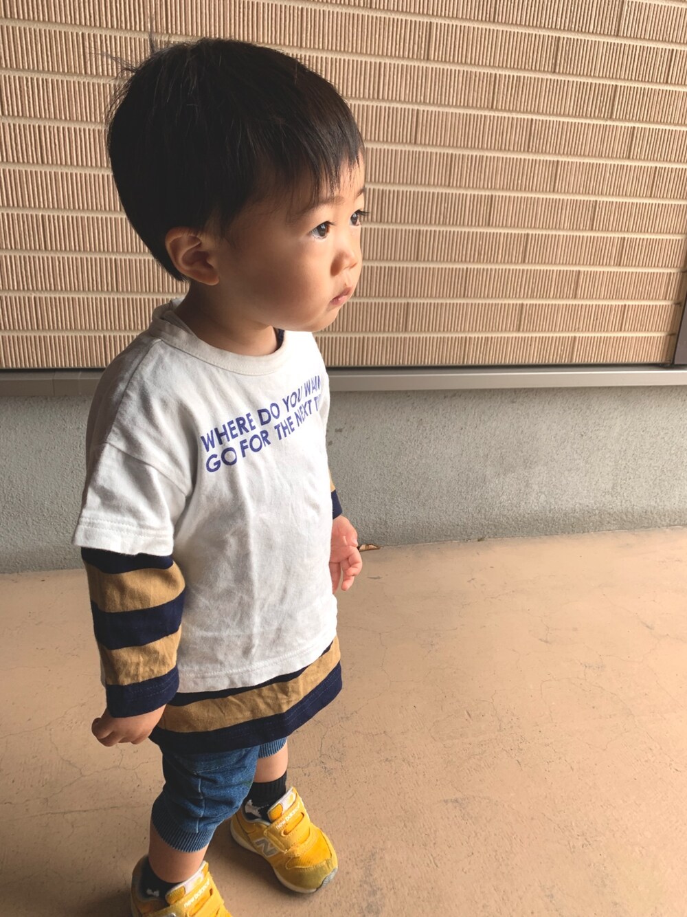 「息子コーデ、息子、おしゃれさんと繋がりたい、カジュアルコーデ、1歳半、キッズコーデ、キッズファッション」｜「BREEZEのアイテム（Tシャツ/カットソー、ホワイト系）」を使った、KIRA☆REIさん（キッズ・80cm）の秋コーディネートの1枚目の写真