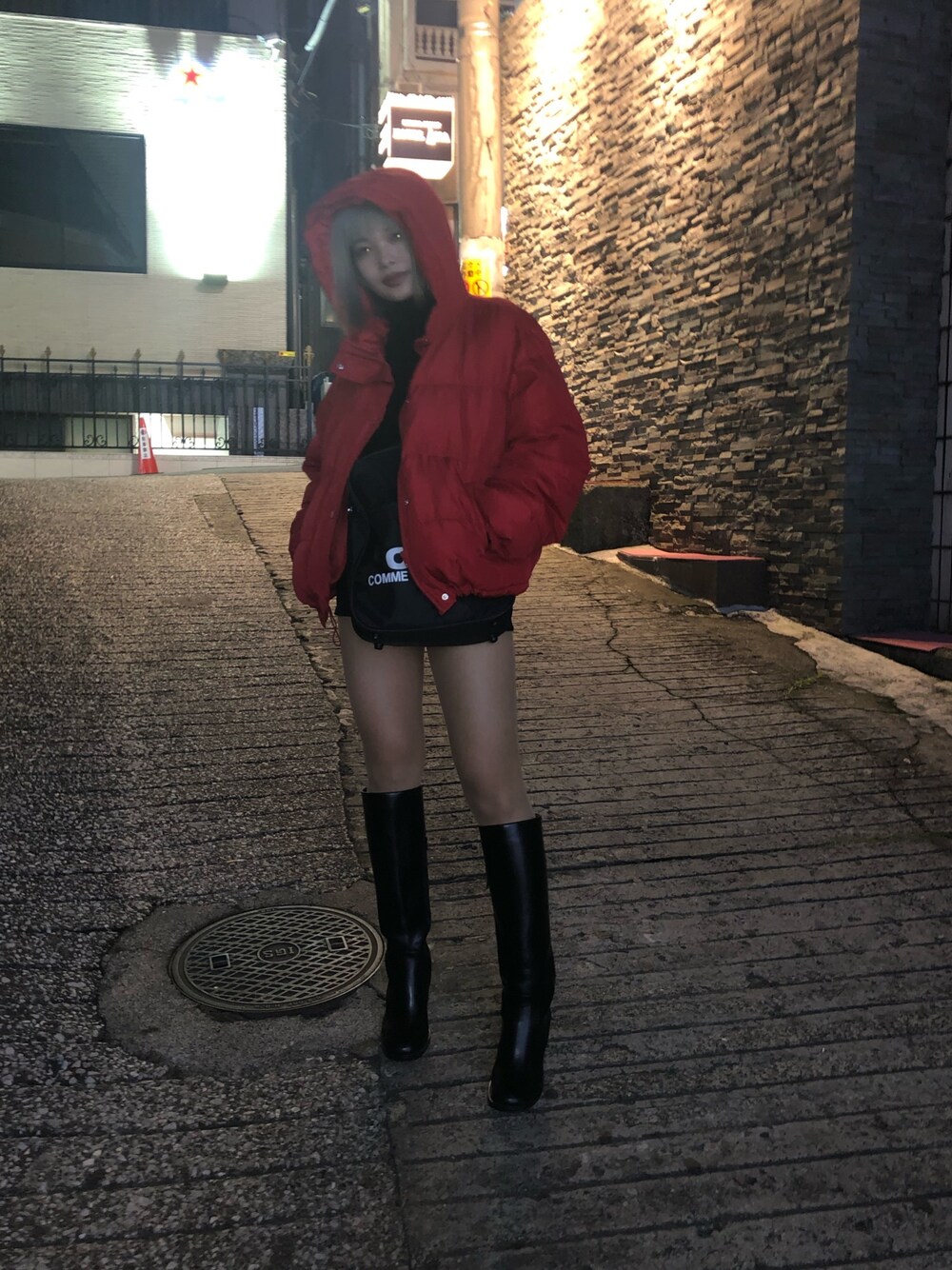 「GRL、グレイル、赤、COMME des GARCONS、ミドルブーツ、ロングブーツ、EMODA、CDG」｜「GRLのアイテム（ジャケット/アウター、レッド系）」を使った、amichqnさん（レディース・163cm）の秋コーディネートの1枚目の写真