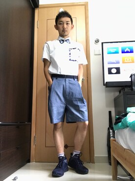 「initial（イニシャル）のアイテム（パンツ）」を使った、Ero S Yipさん（メンズ・166cm）の夏コーディネート