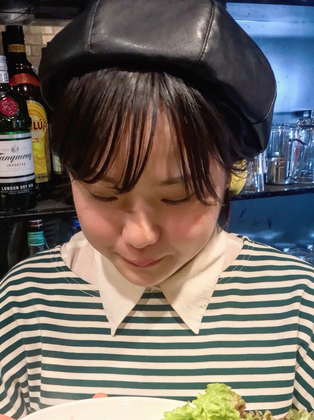 「ボーダー、ボーダートップス、ベレー帽、RUBY AND YOU、Another Edition、agnes b.、シャツコーデ、春、古着MIX」｜「Another Editionのフェイクレザーベレー帽（ハンチング/ベレー帽、ブラック系）」を使った、asomaruさん（レディース・161cm）の春コーディネートの1枚目の写真