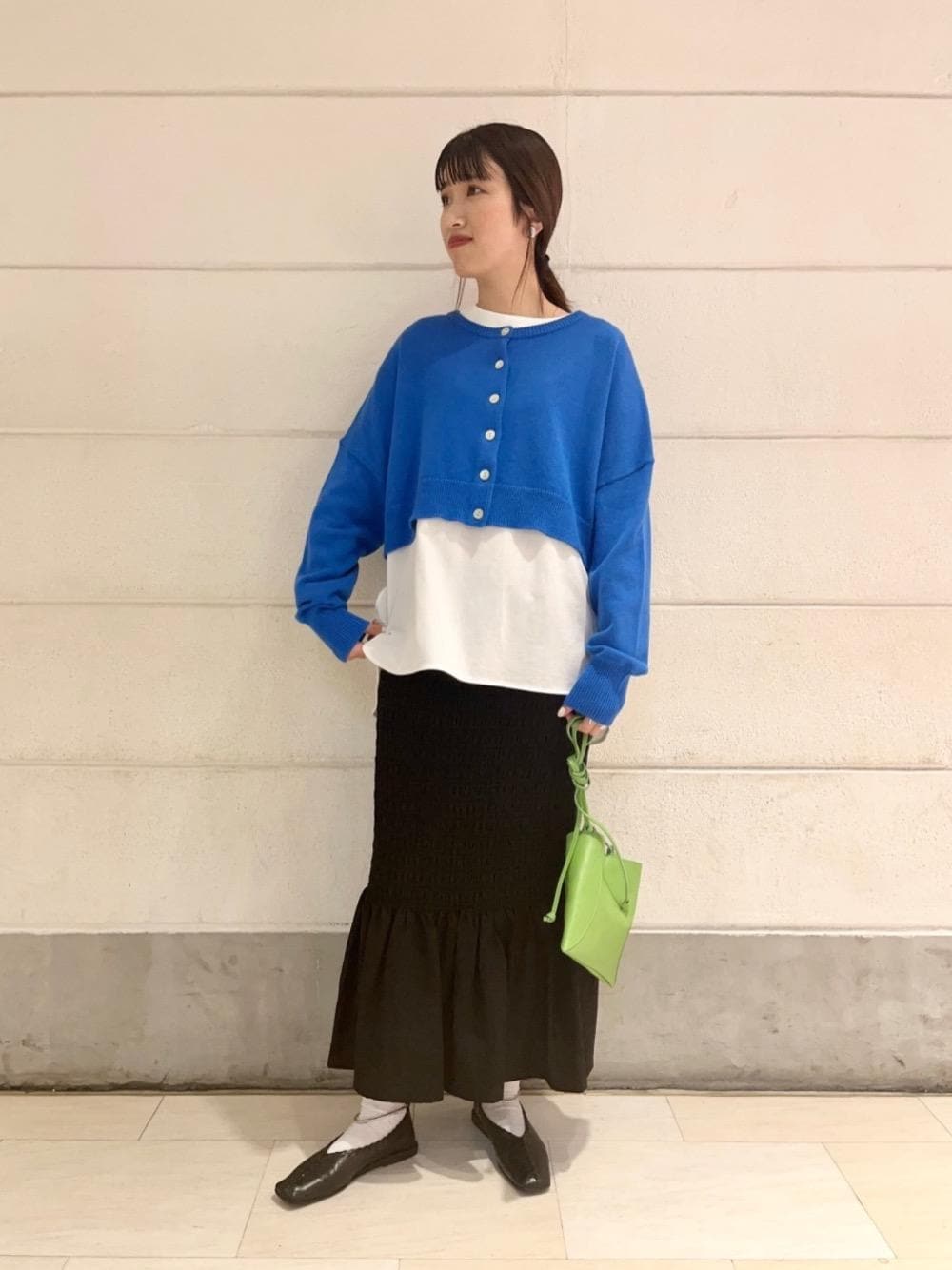 ホワイト系のTシャツ/カットソー、ブラック系のスカート、グリーン系のハンドバッグを着用したレディースの冬コーディネートの1枚目の写真