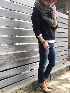 「Ungrid（アングリッド）のインディゴフレイドヘムストスリ（デニムパンツ）」を使った、basilさん（レディース・156cm）の冬コーディネート
