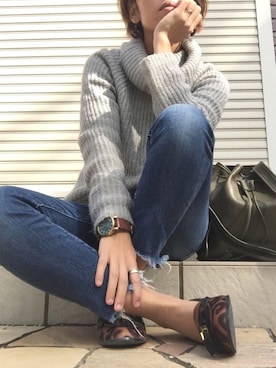 「Ungrid（アングリッド）のインディゴフレイドヘムストスリ（デニムパンツ）」を使った、basilさん（レディース・156cm）の秋コーディネート