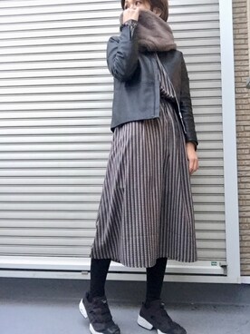 「ワンピース×スニーカー」｜「アイテム（ノーカラージャケット）」を使った、basilさん（レディース・156cm）の冬コーディネート