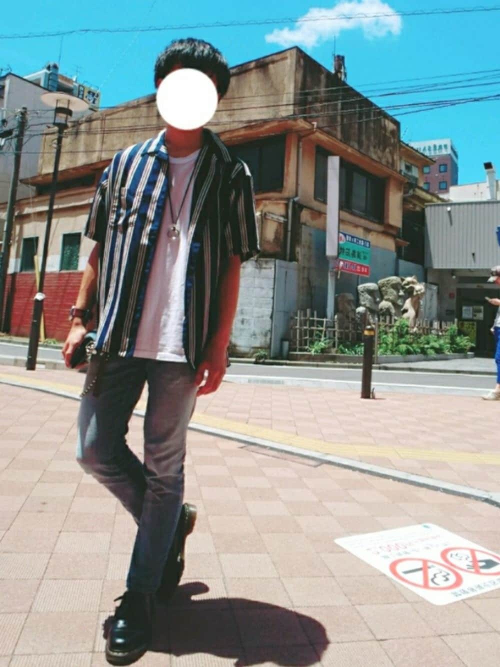 「Dr.Martens、オープンカラーシャツ、ビッグシルエット、デニムパンツ、UNIQLO、WEGO、Diesel」｜「WEGOのWEGO/開襟クラブストライプシャツ（シャツ/ブラウス、ブルー系）」を使った、りゅうくんさん（メンズ・172cm）の夏コーディネートの1枚目の写真