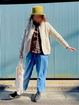 「チェックシャツ」｜「アイテム（ノーカラージャケット）」を使った、おはなさん（レディース・163cm）の冬コーディネート