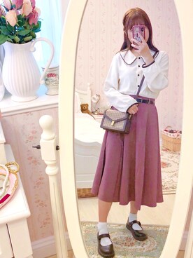 「9番洋服屋のアイテム（ショルダーバッグ、パープル系）」を使った、Karen さん（レディース・158cm）の春コーディネート