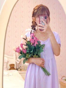 「9番洋服屋のアイテム（ショルダーバッグ、パープル系）」を使った、Karen さん（レディース・158cm）の春コーディネート