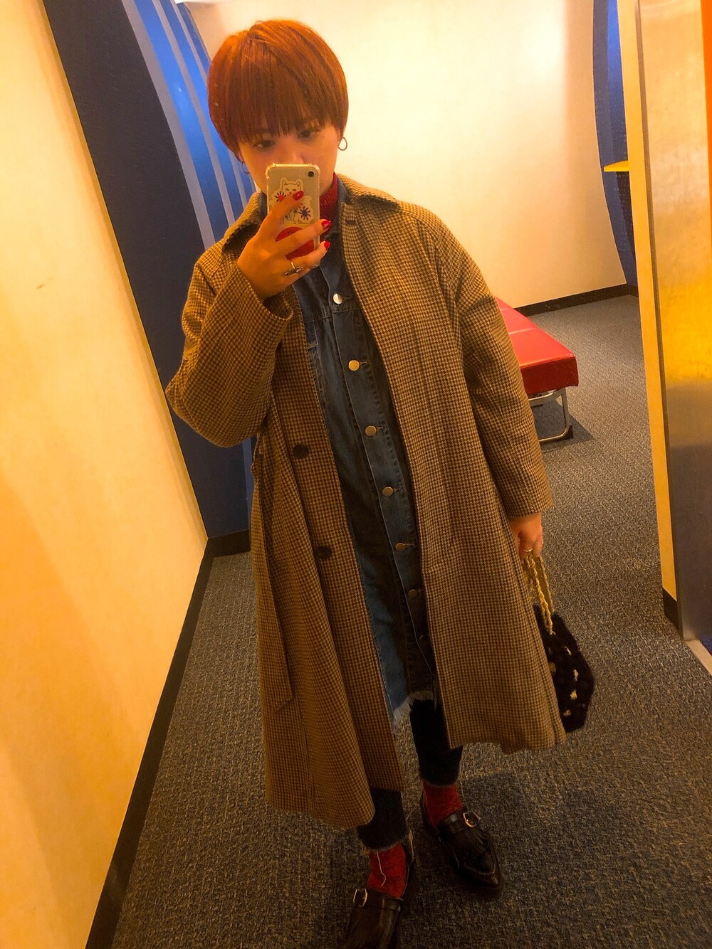 「MACKINTOSH PHILOSOPHY、HARE、jouetie、チェックコート、デニムジャケット、ootd」｜「HAREのフリンジデニムコート（HARE）（デニムジャケット、ブルー系）」を使った、▽△MIKI▽△さん（レディース・154cm）の春コーディネートの1枚目の写真