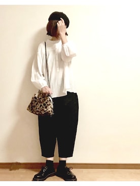 「UNIQLO（ユニクロ）のソフトコットンギャザーブラウス（7分袖）（シャツ/ブラウス）」を使った、こはる。さん（レディース・163cm）の秋コーディネート