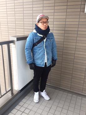 「アイテム（ストール/ショール、ホワイト系）」を使った、Loving Usagiさん（メンズ・163cm）の冬コーディネート