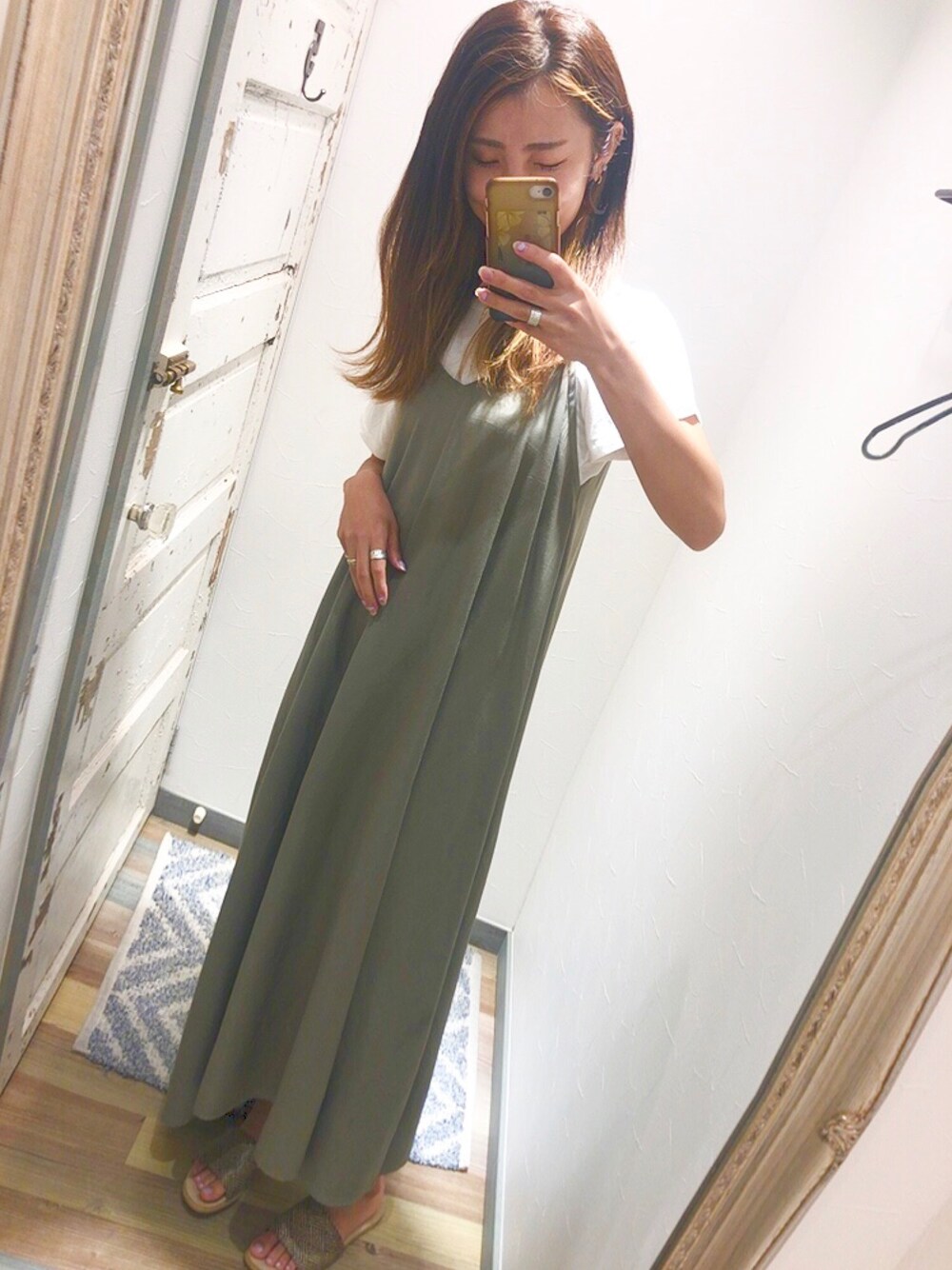「夏コーデ、カジュアル、ラフコーデ、ゆるコーデ、おしゃれさんと繋がりたい、キャミワンピ、おでかけ、きれいめカジュアル、プチプラ、カーキ」｜「Rag shopのアイテム（ワンピース/ドレス、グリーン系）」を使った、kurimasa29さん（レディース・162cm）の夏コーディネートの1枚目の写真