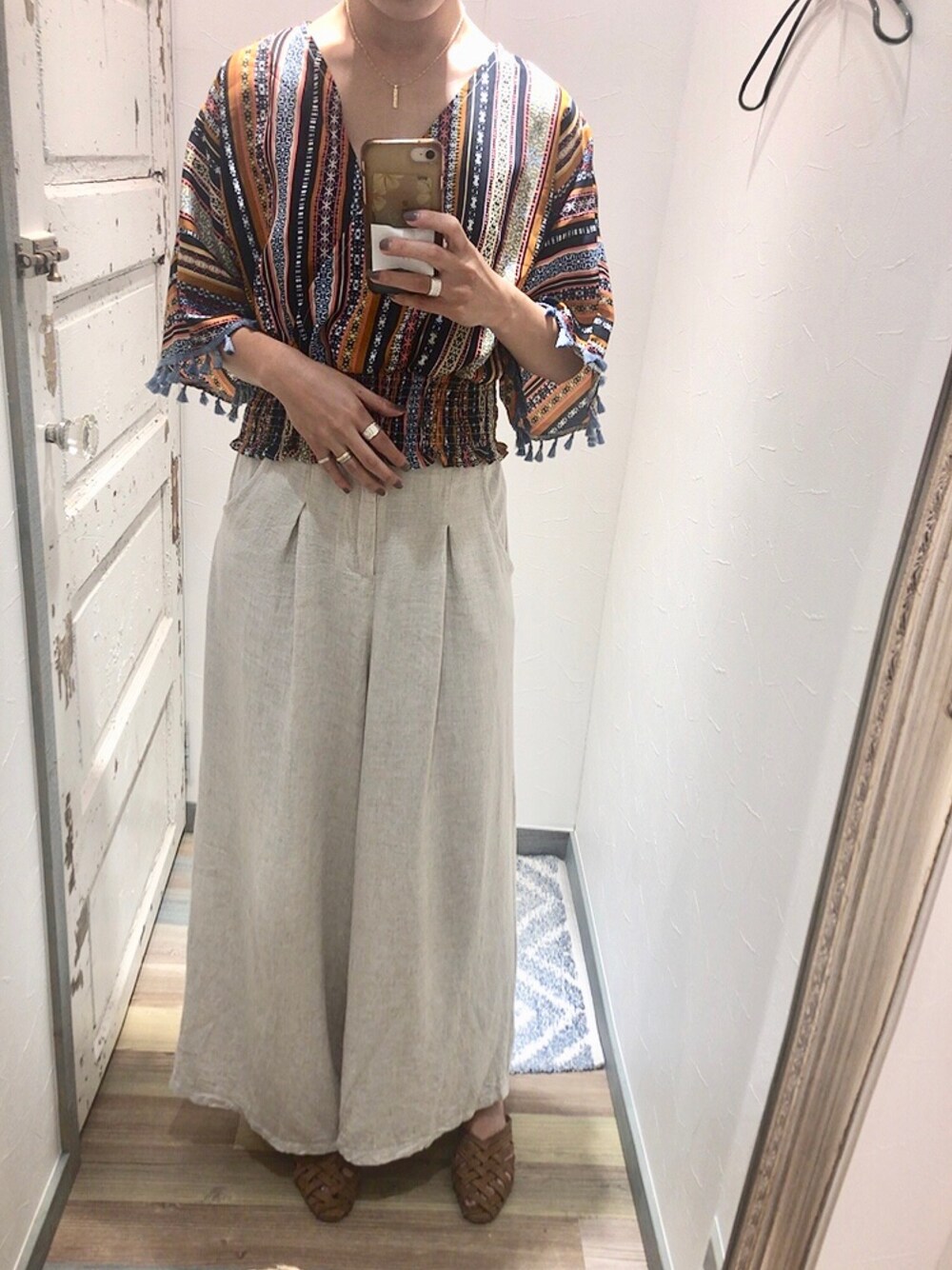「パンツスタイル、カジュアルコーデ、ベージュ、柄、韓国ファッション」｜「Rag shopのアイテム（パンツ、ベージュ系）」を使った、kurimasa29さん（レディース・162cm）の夏コーディネートの1枚目の写真