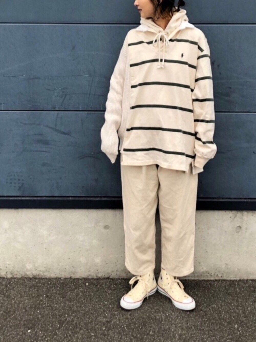 「古着、リメイク、古着リメイク、アクロンリメイク✂️、Ralph Lauren、ラガーシャツ、トラックジャケット」｜「アクロンリメイク✂️のアイテム（トップス、ホワイト系）」を使った、Rabbitsekine🐰さん（レディース・162cm）の冬コーディネートの1枚目の写真