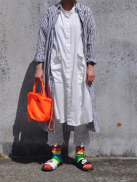 「BEAMS BOY（ビームスボーイ）のBEAMS BOY / ストライプ B.D. シャツワンピース（シャツワンピース）」を使った、Rabbitsekine🐰さん（レディース・162cm）の春コーディネート
