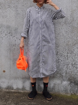 「BEAMS BOY（ビームスボーイ）のBEAMS BOY / ストライプ B.D. シャツワンピース（シャツワンピース）」を使った、Rabbitsekine🐰さん（レディース・163cm）の夏コーディネート