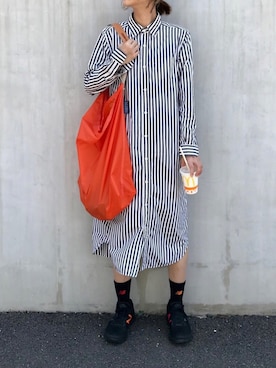 「BEAMS BOY（ビームスボーイ）のBEAMS BOY / ストライプ B.D. シャツワンピース（シャツワンピース）」を使った、Rabbitsekine🐰さん（レディース・162cm）の夏コーディネート