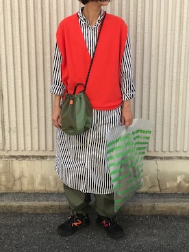 「BEAMS BOY（ビームスボーイ）のBEAMS BOY / ストライプ B.D. シャツワンピース（シャツワンピース）」を使った、Rabbitsekine🐰さん（レディース・162cm）の秋コーディネート