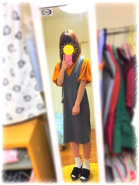 「マスタード」｜「アイテム（ジャンパースカート）」を使った、恵理香✌︎さん（レディース・157cm）の秋コーディネート