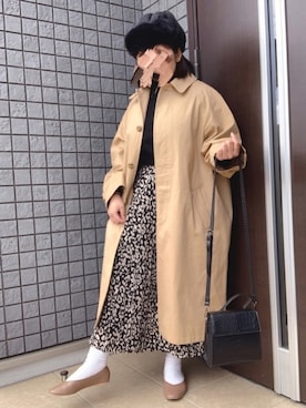 「ロシア帽」｜「アイテム（ステンカラーコート）」を使った、ユキさん（レディース・152cm）の春コーディネート