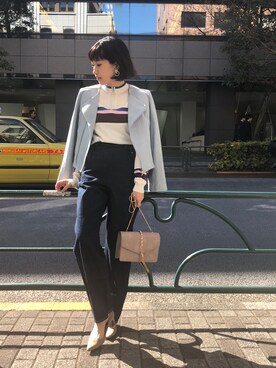 「ラインニット」｜「アイテム（ライダースジャケット）」を使った、kyonさん（レディース・160cm）の冬コーディネート