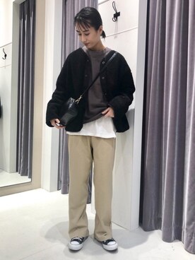 「スリットパンツ」｜「アイテム（ブルゾン）」を使った、fujiさん（レディース・162cm）の冬コーディネート