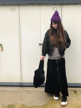 「ベロアスカート」｜「アイテム（MA-1）」を使った、yayacoさん（レディース・156cm）の冬コーディネート